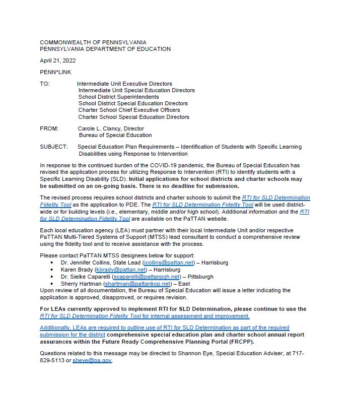 Penn*Link: Special Education Plans Identification of Students with Specific Learning Disabilities using RTI