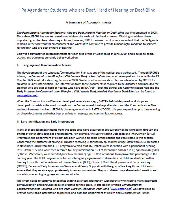 PA Agenda for Students Who Are Deaf, Hard of Hearing, or DeafBlind: A Summary of Accomplishments