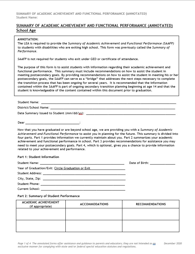 Summary of Academic Achievement and Functional Performance