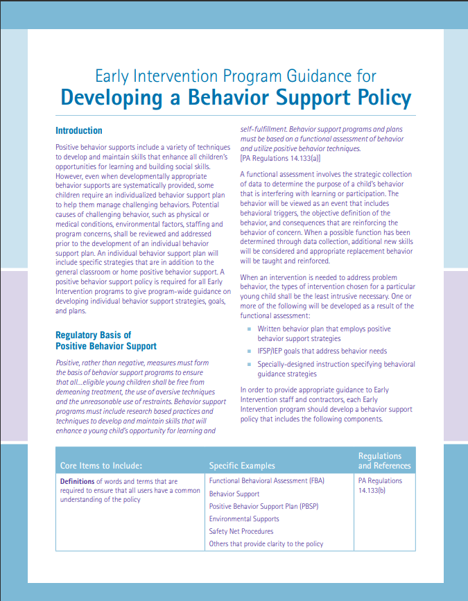 Early Intervention Program Guidance for Developing a Behavior Support Policy