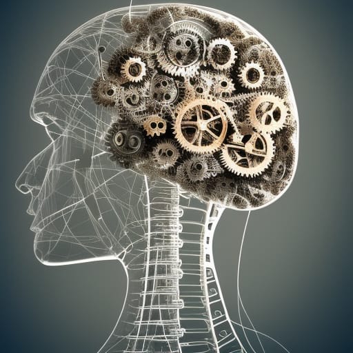 Outline of a human head with a brain made of gears.