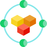 3 colored cubes surrounded by a blue ring and 4 green circles