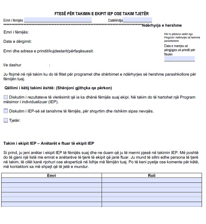INVITATION TO PARTICIPATE IN THE IEP TEAM MEETING OR OTHER MEETING – Preschool Early Intervention – Albanian Version