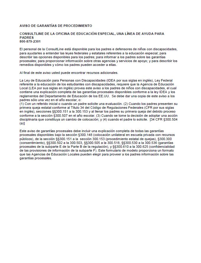Procedural Safeguards Notice (Spanish)