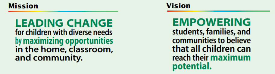 Mission: Leading Change for children with diverse needs by maximizing opportunities in home, classroom, and Community. Vision: Empowering students, families and communities to believe that all Children can reach their maximum potential.
