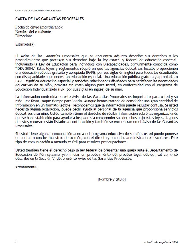 Procedural Safeguards Letter (Spanish)