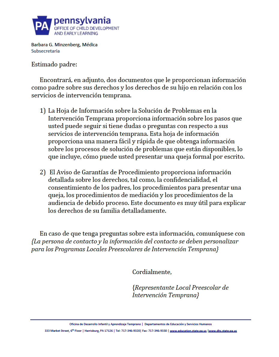 Procedural Safeguards Letter - Preschool Early Intervention Spanish