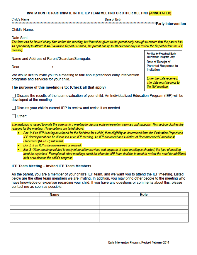 Invitation to Participate in the IEP Team Meeting or Other Meeting (Annotated) - Preschool Early Intervention  cover image