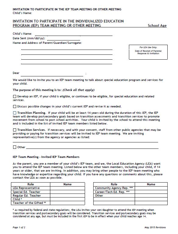 Invitation to Participate in the IEP Team Meeting or Other Meeting (French)