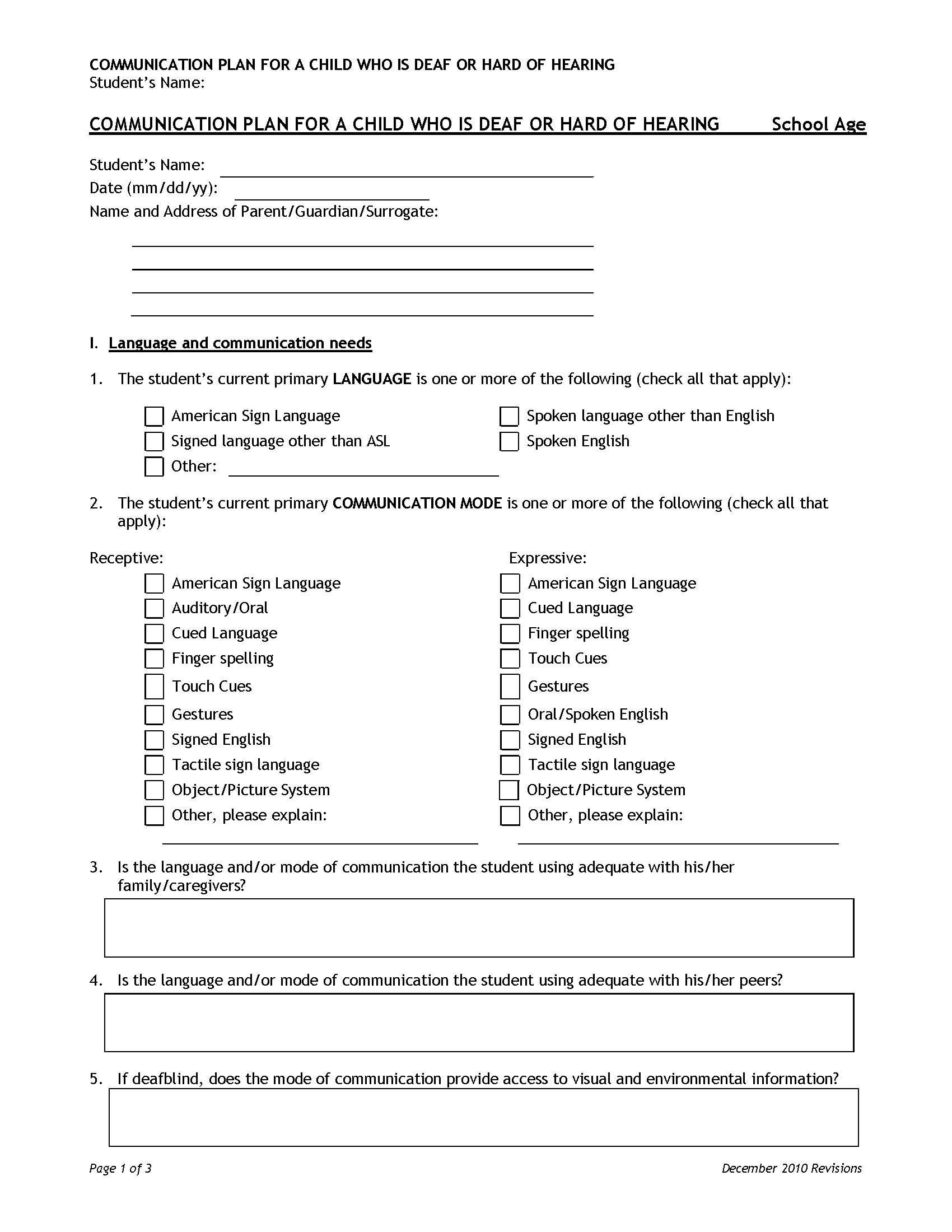 Communication Plan for a Child Who Is Deaf or Hard of Hearing