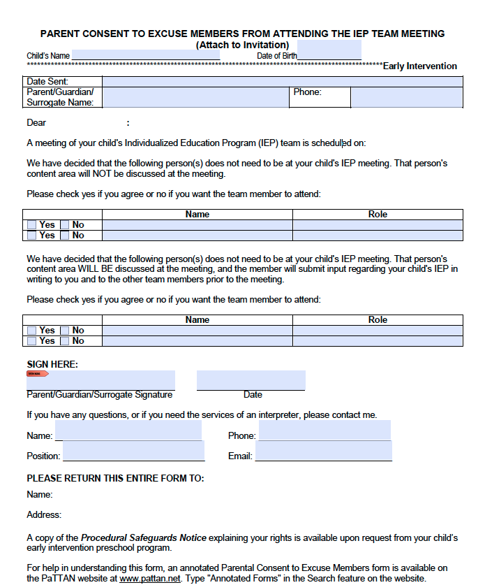 PARENTAL CONSENT TO EXCUSE MEMBERS FROM ATTENDING THE IEP TEAM MEETING - Preschool Early Intervention  cover image