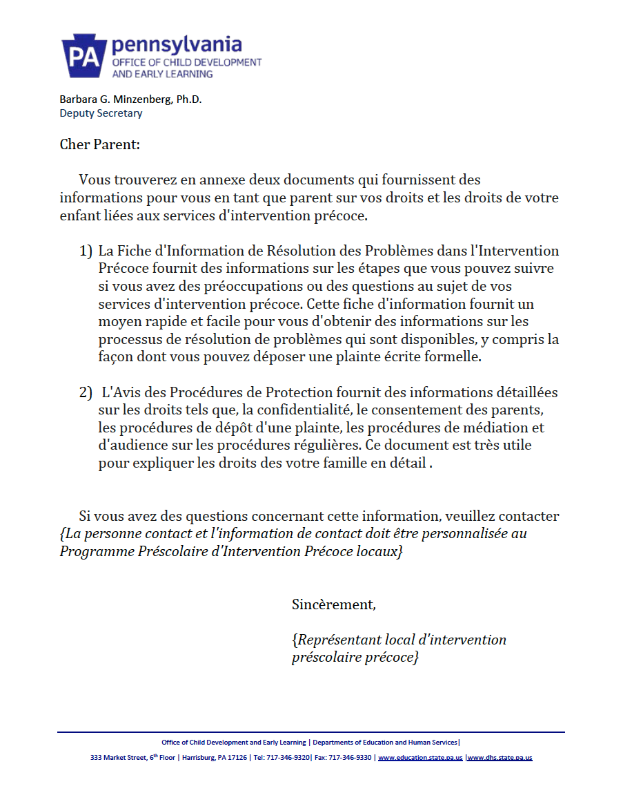 Procedural Safeguards Letter - Preschool Early Intervention French Version cover image