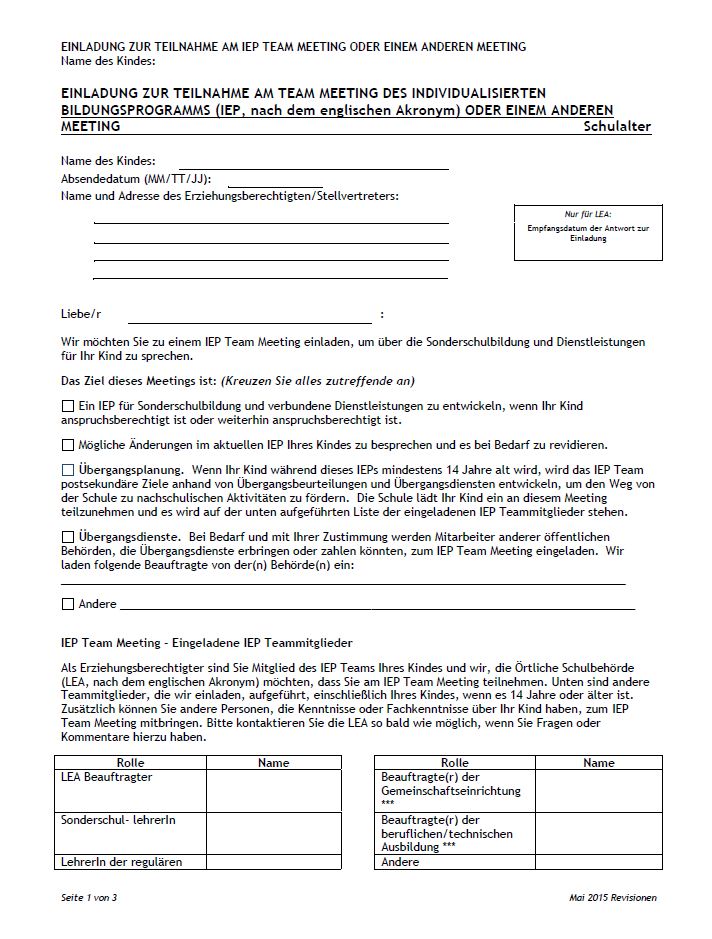Invitation to Participate in the IEP Team Meeting or Other Meeting (German) cover image