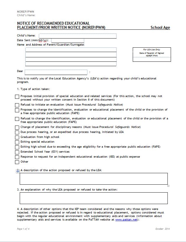 Notice of Recommended Educational Placement/Prior Written Notice (NOREP/PWN) (French) cover image