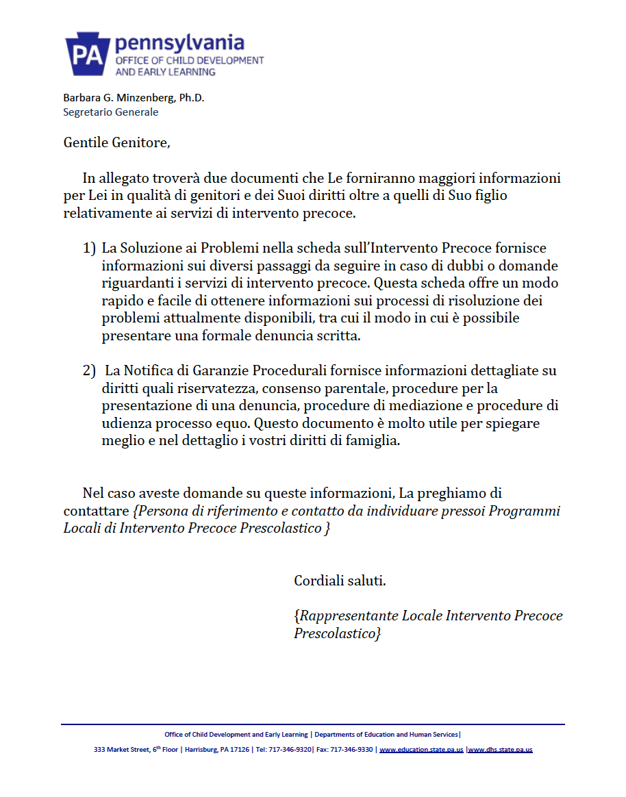 Procedural Safeguards Letter - Preschool Early Intervention Italian