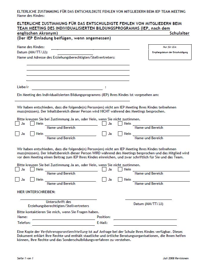Parental Consent to Excuse Members from Attending the Individualized Education Program (IEP) Team Meeting (German) cover image