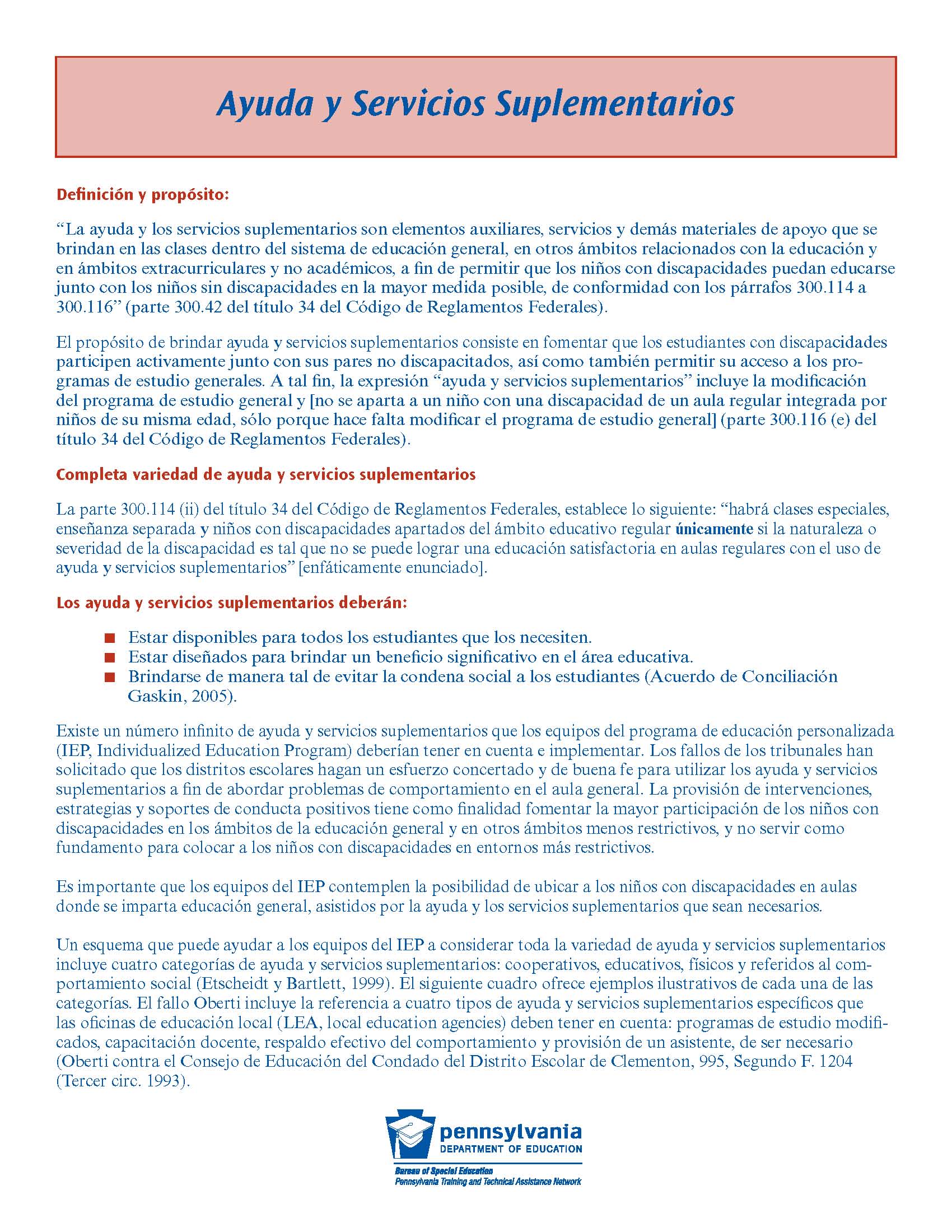 Supplementary Aids and Services (Spanish)