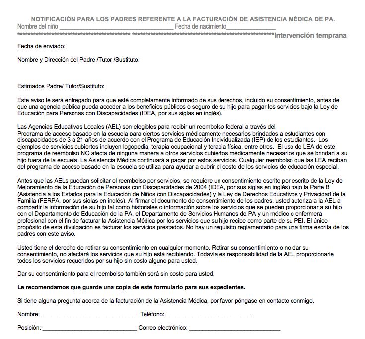 Pennsylvania Medical Assistance Billing Parental Notice - Spanish VERSION 