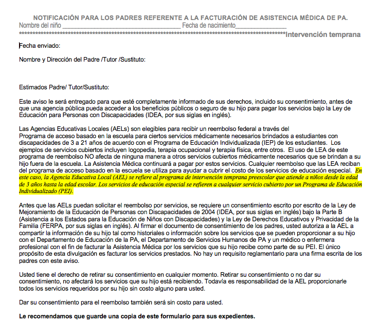 Pennsylvania Medical Assistance Billing Parental Notice - Annotated - Spanish VERSION  cover image