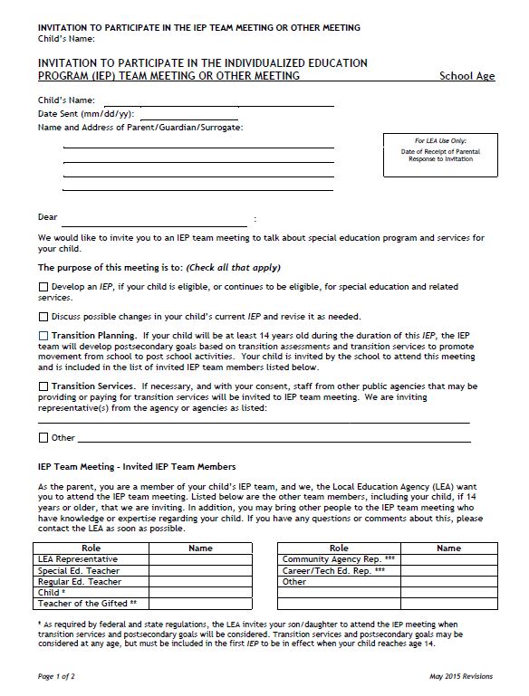개별화 교육 프로그램(IEP) 팀 모임 또는 기타 모임 초청장 - 취학 연령