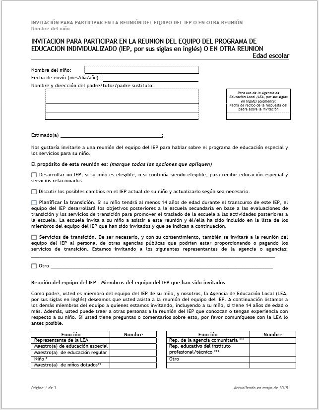 INVITACIÓN PARA PARTICIPAR EN LA REUNIÓN DEL EQUIPO DEL PROGRAMA DE EDUCACIÓN INDIVIDUALIZADO (IEP, por sus siglas en inglés) O EN OTRA REUNIÓN - Edad escolar