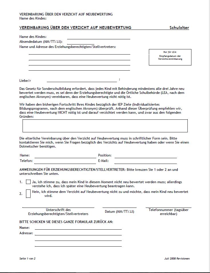 Agreement to Waive Reevaluation (German) cover image